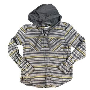 Original Use Mens Striped Hooded Cotton Shirt Gray Yellow Long Sleeve M